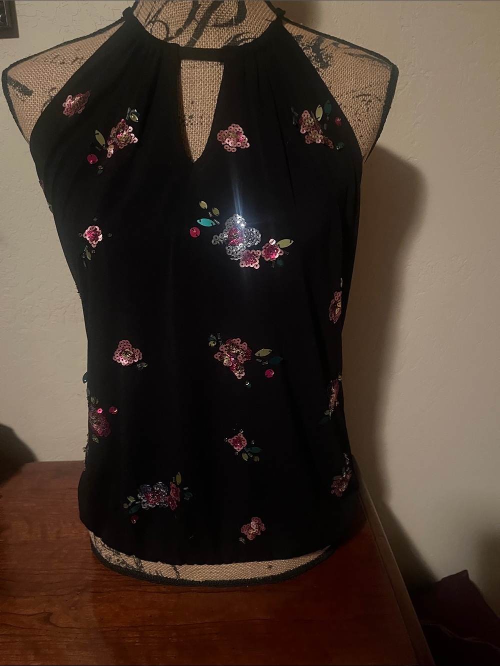 INC International Concepts Black Halter Sequin Floral Camisole